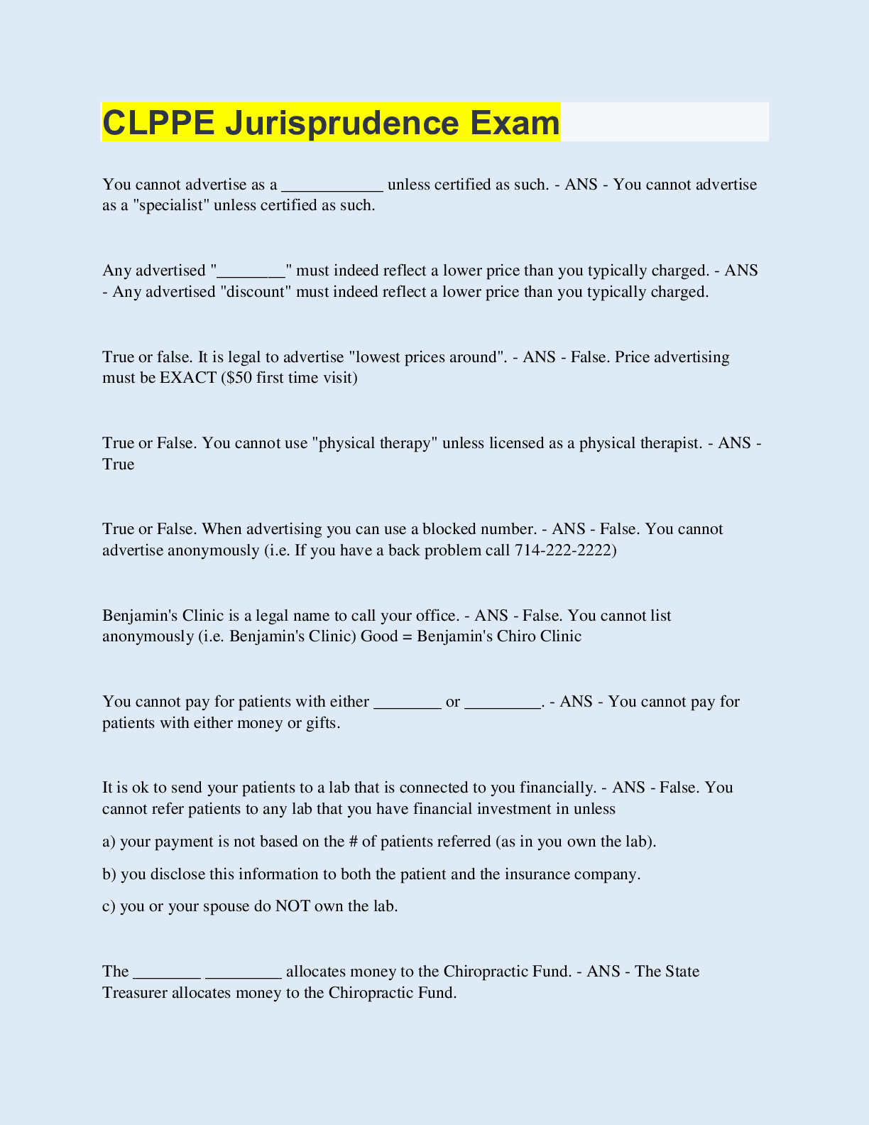Preview image for CLPPE Jurisprudence Exam  | 220 Questions with 100% Correct Answers | Updated & Verified | 25 Pages